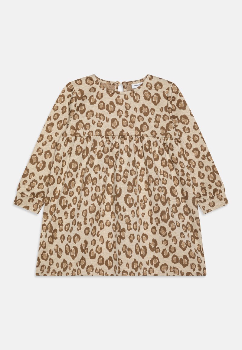 Lauku raksta kleita bēša un brūnā krāsā, ar garām piedurknēm, noapaļotu kakla izgriezumu un savilktu jostu flared dizainam.