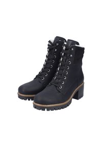 Black ankle boots with a textured leather exterior, lace-up front, faux fur lining, and thick, ridged rubber sole with a stacked heel.