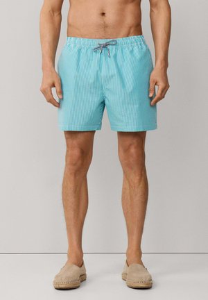 Man wearing light blue and white striped swim shorts with a drawstring, paired with beige slip-on espadrilles, standing upright.