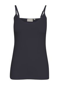 Mörkblå ärmklädd topp med tunna justerbara axelband, rundad halsringning och ett mjukt, elastiskt tyg som formar sig efter kroppen.