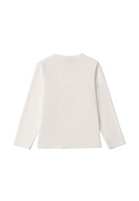 Langarmshirt aus weißer Baumwolle mit rundem Halsausschnitt, seitlichen Schlitzen am Saum und glatter Textur. Einfaches, minimalistisches Design.