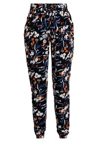 Pantaloni jogger floreali in tessuto nero, con fiori bianchi e arancioni e dettagli verdi. Vita elastica e polsini alla caviglia.