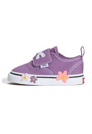 Scarpetta viola per bambini piccoli con lacci bianchi, suola bianca decorata con motivi floreali rosa e viola e un’etichetta con il logo Vans sul lato.