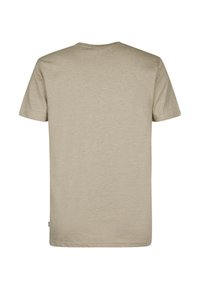 T-shirt beige à manches courtes en tissu doux, avec un col rond classique et un dos uni texturé sans motifs ni accents.