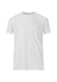 Valkoinen lyhythihainen t-paita, jossa on pyöreä kaula-aukko, valmistettu pehmeästä kankaasta; rinnassa on hienovarainen "ENDURANCE"-logo vaaleanharmaana.