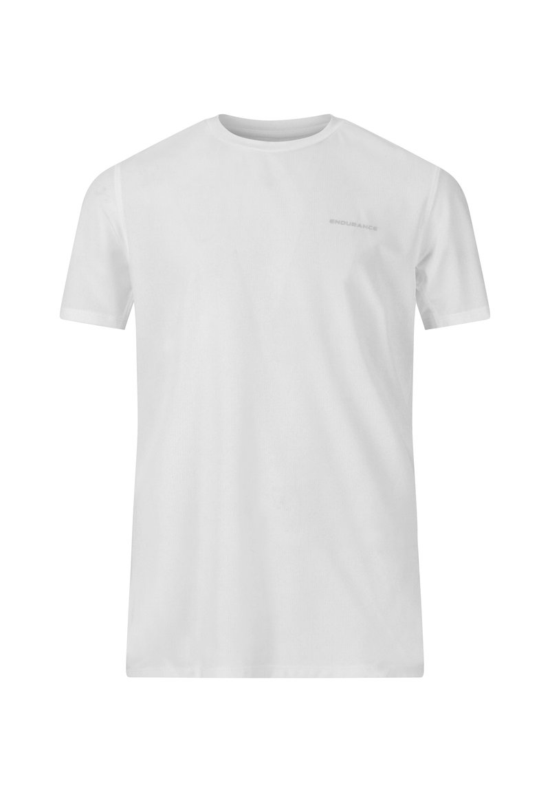 Vit kortärmad t-shirt med rund hals, gjord av mjukt tyg; har en diskret "ENDURANCE"-logotyp i ljusgrått på bröstet.
