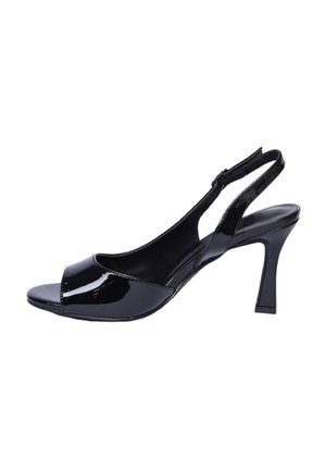Sandal con tacco alto slingback in pelle verniciata nera, con punta aperta, design curvo e cinturino alla caviglia. Presenta una finitura elegante e lucida.