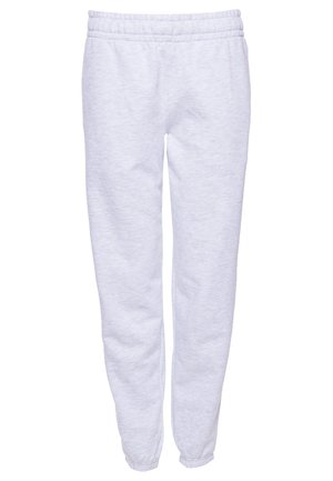 Pantalon de survêtement gris clair avec taille élastique et poignets aux chevilles, présenté de face sur fond blanc.