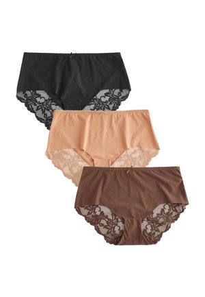 Set of three women's briefs: black with lace trim, nude with lace, and brown with lace. All feature smooth fabric and scalloped edges.