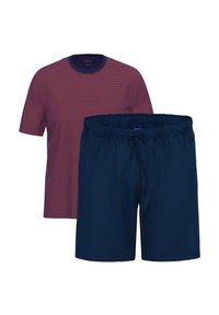 T-shirt à manches courtes rayé rouge et marine associé à un short de bain marine avec une taille élastique et un cordon de serrage. Texture de tissu lisse.