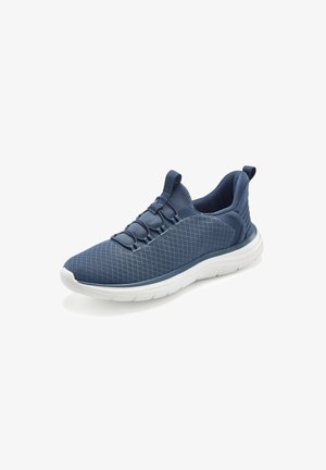 Blue mesh athletic shoe with a textured surface, white sole, elastic laces, and a pull tab at the heel for easy wear.