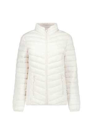 Veste matelassée blanche avec coutures horizontales et en chevrons, fermeture éclair avant, col montant, et poches latérales zippées.