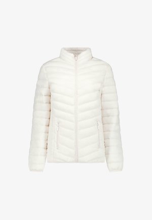 White puffer jacket with horizontal and chevron quilted stitching, front zipper, stand collar, and zippered side pockets.