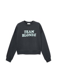 Felpa nera con collo rotondo, maniche lunghe e la scritta "TEAM BLONDE" stampata in lettere bianche rovinate sulla parte anteriore.