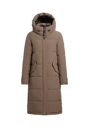 Cappotto imbottito marrone con colletto alto e cappuccio. Presenta due tasche frontali e una chiusura con zip, realizzato in tessuto liscio e testurizzato.