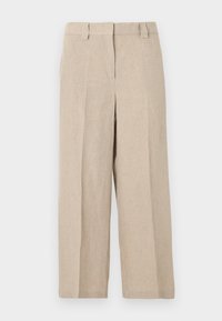 Μπεζ παντελόνι από λινό με ψηλή μέση, πιέτες μπροστά και θηλιές για ζώνη, με ευθεία γραμμή και κρυφό μπροστινό κούμπωμα.