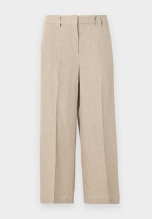 Beige højtaljede linnedbukser med frontplisser og bæltestropper, med lige ben og skjult frontlukning.