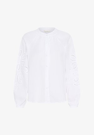 Könnyű anyagból készült fehér blúz, kerek nyakkal, gombos záródással és hímezett részletekkel a hosszú ujjain.