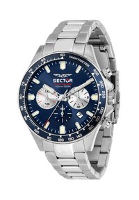 Silberner Edelstahl-Chronograph mit blauer Zifferblatt, weißen Stundenmarkierungen, drei Unterzifferblättern und einem Datumsfenster auf sechs Uhr.
