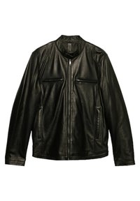 Giacca in pelle nera con colletto rialzato, zip frontale e due tasche sul petto con zip. Texture morbida con design minimalista.