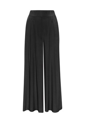 Black wide-leg trousers with a smooth, textured fabric. Features a high waistband and pleats for added volume and flow.