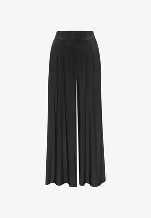 Black wide-leg trousers with a smooth, textured fabric. Features a high waistband and pleats for added volume and flow.