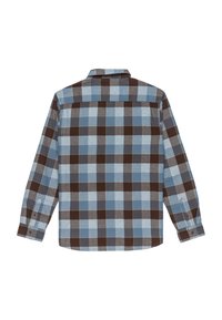Camicia a maniche lunghe a quadri in blu chiaro e marrone, con un motivo a scacchi, chiusura frontale con bottoni e orlo dritto.