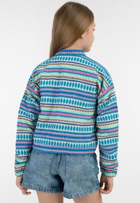 Giacca colorata e con motivo, caratterizzata da strisce blu, rosa e verdi con disegni simili a foglie. Il tessuto ha una sensazione di texture. Maniche corte.