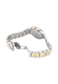 Reloj de pulsera de metal plateado y dorado con una pulsera de eslabones, caja redonda y una corona dorada; presenta una textura suave y un acabado pulido.