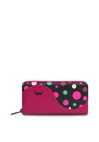 Pink wallet featuring a black patterned side with multicolored dots in pink, mint green, and beige. Smooth texture with a zip closure.