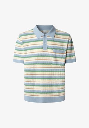 Polo w paski w jasnym niebieskim, zielonym, żółtym i beżowym kolorze. Posiada krótkie rękawy, zapięcie na guziki przy kołnierzyku oraz małą kieszonkę na piersi. Wykonany z dzianiny.