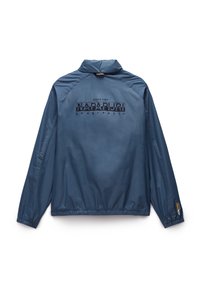 Lichtblauwe jacket met hoge kraag, elastische manchetten en zoom. Voorzien van een groot zwart "NAPAPURI geographic" logo op de rug.