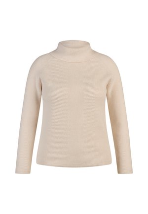 Cremfarbener gerippter Strickpullover mit Rollkragen, langen Ärmeln und einer leicht lockeren Passform auf einem weißen Hintergrund.