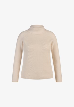 Cremfarbener gerippter Strickpullover mit Rollkragen, langen Ärmeln und einer leicht lockeren Passform auf einem weißen Hintergrund.