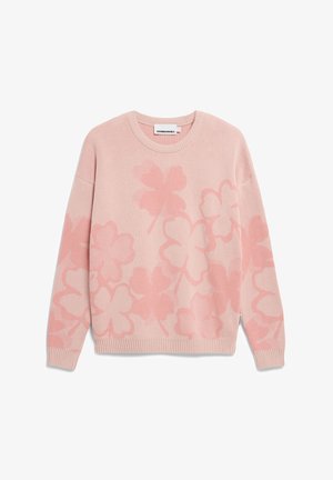 Sweater rose clair avec un motif floral d'une teinte légèrement plus foncée, col rond, poignets côtelés et ourlet, fabriqué en tissu tricoté.