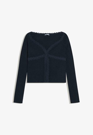 Cardigan court noir côtelé à manches longues avec des détails en dentelle autour du décolleté, à l'avant et sous la poitrine.