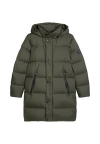 Gewatteerde parka jas in donker groen met capuchon, drukknoopsluiting aan de voorkant en ritszakken aan de zijkanten. Geweven stof met doorgestikt patroon.