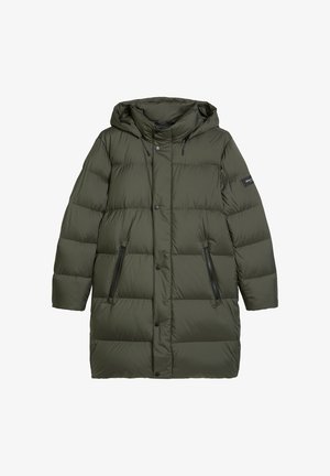 Parka matelassée de couleur vert foncé avec capuche, boutons pression à l'avant et poches latérales zippées. Tissu texturé avec motif matelassé.