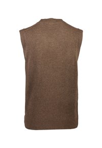 Bez rękawów, brązowa kamizelka dzianinowa, wykonana z miękkiego materiału, z prążkowanym okrągłym dekoltem i wykończeniem, o gładkiej teksturze i bez widocznych zapięć.