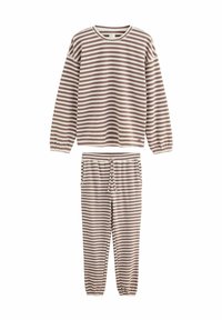 Striped loungewear set featuring a long-sleeve top and elasticized pants. Colors include muted pink and cream, with ribbed texture and drawstring.