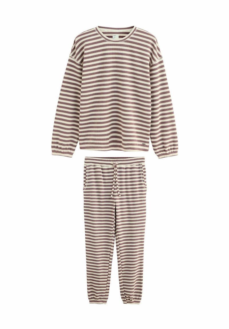 Striped loungewear set featuring a long-sleeve top and elasticized pants. Colors include muted pink and cream, with ribbed texture and drawstring.