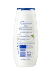 NIVEA Duschgel-Flasche, weißer Kunststoff, 250 ml, blaue Akzente am Verschluss, Etiketten mit Produktdetails und Nachhaltigkeitsinformationen. Strukturierter Griffbereich.
