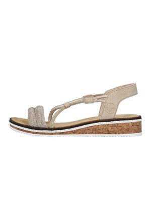 Beige women's wedge sandal with cork sole, glittery double straps at toe, slingback strap, and cushioned footbed.
