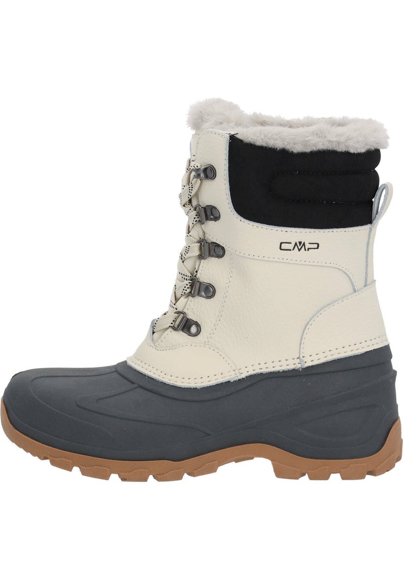 White and black waterproof boot with fur trim, rubber sole, and lace-up design, featuring a textured surface and contrasting tan outsole.