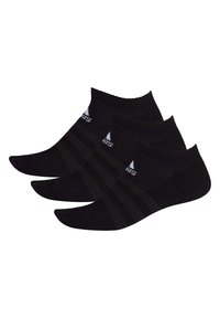 Schwarze Knöchelsocken aus weichem Material, mit geripptem Bund und dezentem Streifenmuster. Set aus drei Paaren, entworfen für Komfort und Langlebigkeit.