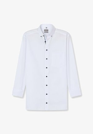 Weißes Langarmhemd mit Button-Down-Kragen, ausgestattet mit schwarzen Knöpfen, einer Tasche und einer glatten Textur. Markenetikett befindet sich am Kragen.