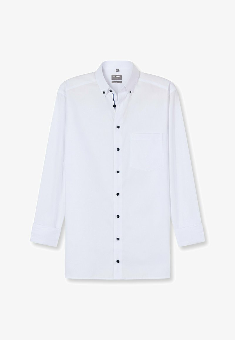 Weißes Langarmhemd mit Button-Down-Kragen, ausgestattet mit schwarzen Knöpfen, einer Tasche und einer glatten Textur. Markenetikett befindet sich am Kragen.