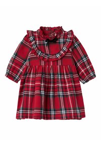 Abito a quadri rossi con maniche lunghe, collo a ruffle e vita arricciata. Presenta un accento a fiocco nero e un motivo a quadri multicolore.