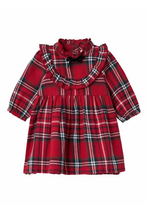 Abito a quadri rossi con maniche lunghe, collo a ruffle e vita arricciata. Presenta un accento a fiocco nero e un motivo a quadri multicolore.