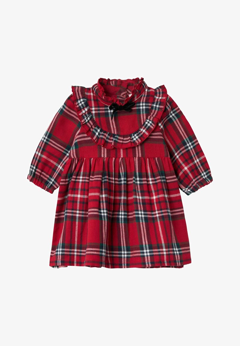 Abito a quadri rossi con maniche lunghe, collo a ruffle e vita arricciata. Presenta un accento a fiocco nero e un motivo a quadri multicolore.